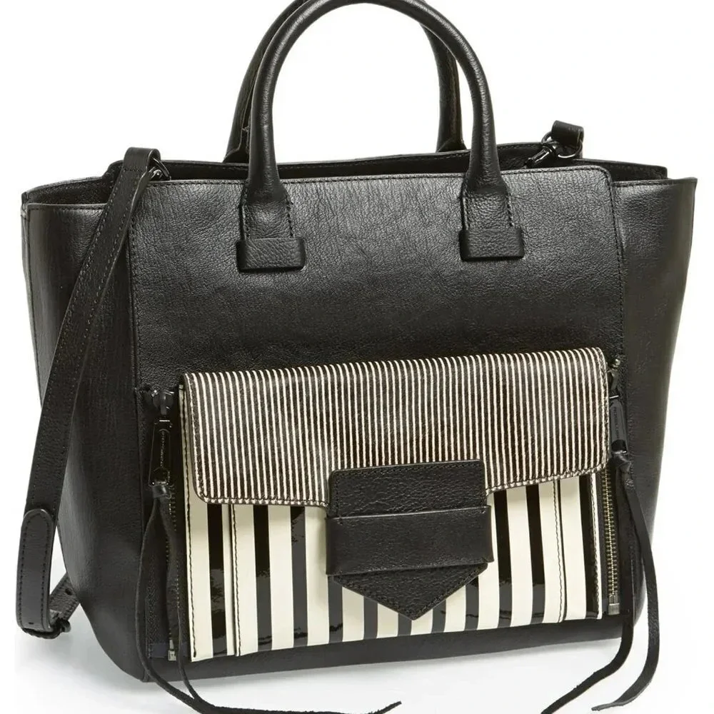 REBECCA MINKOFF COPENHAGEN BLACK/ WHITE PEBBLED LEATHER TOTE - Picture 15 of 16